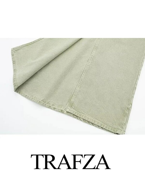TRAFZA-Saia Verde de Fenda Frontal Feminina com Bolsos, Linha A, Fina, Cintura Alta, Vintage, Casual, Elegante, Moda Feminina, 2024