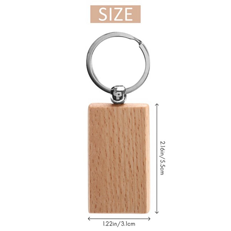 70PCS Unfinished Round Wood Key Tag Wood Engraving Blanks Key Chain For DIY Crafts-Rectangle