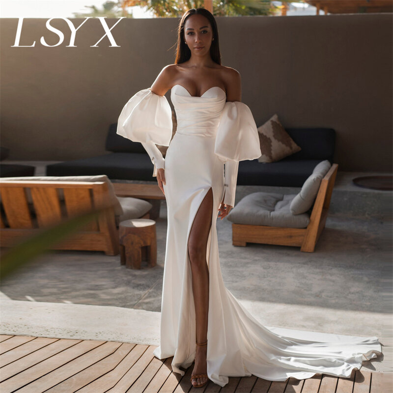 LSYX gaun pengantin panjang selutut, gaun pengantin panjang lantai belahan tinggi, ritsleting belakang pernikahan putri duyung lengan Puff dapat dilepas