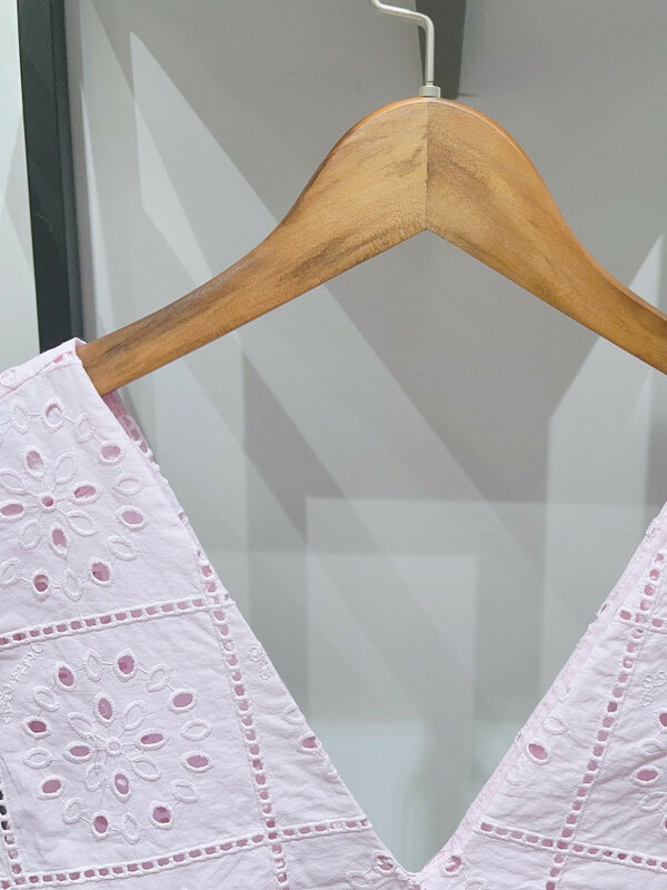Jupes droites A-Line en coton pour femmes, ensemble évidé, 2 couleurs, col en V, court en fibre, décontracté, été, nouveau, 2024