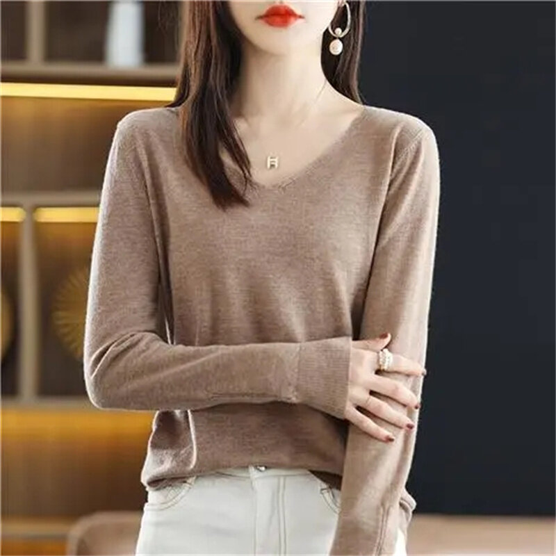 Wanita Sweater 2023 baru musim gugur musim dingin V-neck Jumper rajut atasan pullover Sweater kasual kemeja lengan panjang Sweater tarik wanita