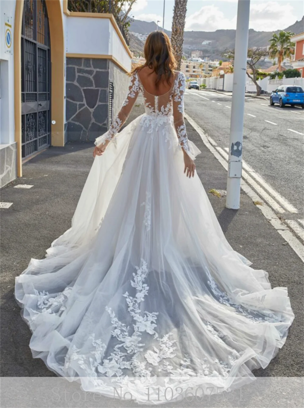 Luxury V-neck Applique Lace Tulle Illusion Wedding Dress for Women Long Sleeve A-line Court Wedding Party Gown robe de mariée