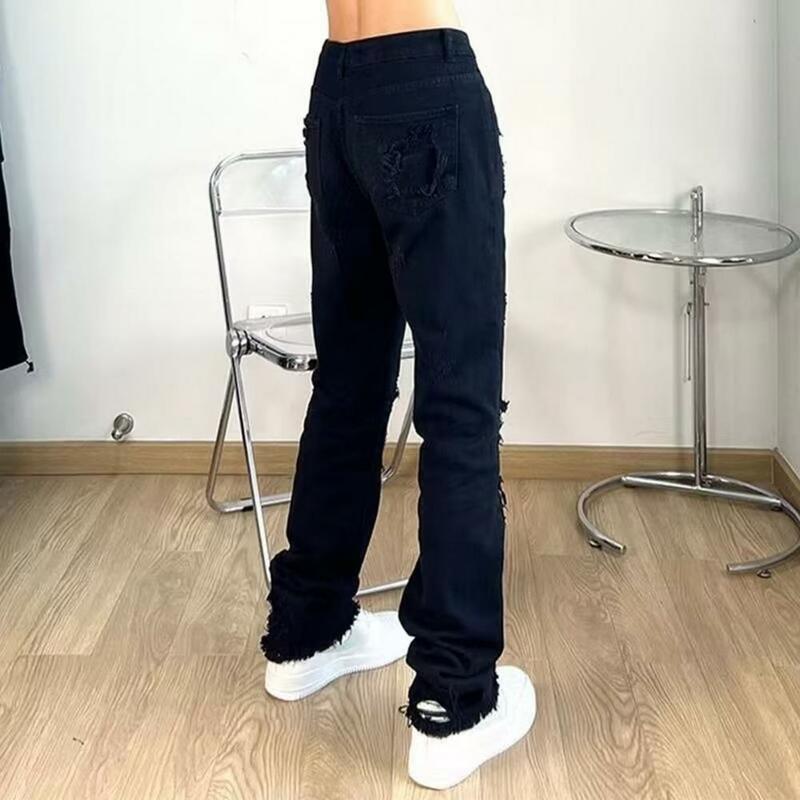 Dżinsy o średniej talii męskie jeansy stylowe męskie porwane jeansy jednolity kolor w połowie talii oddychający materiał na hiphopowy sweter na co dzień