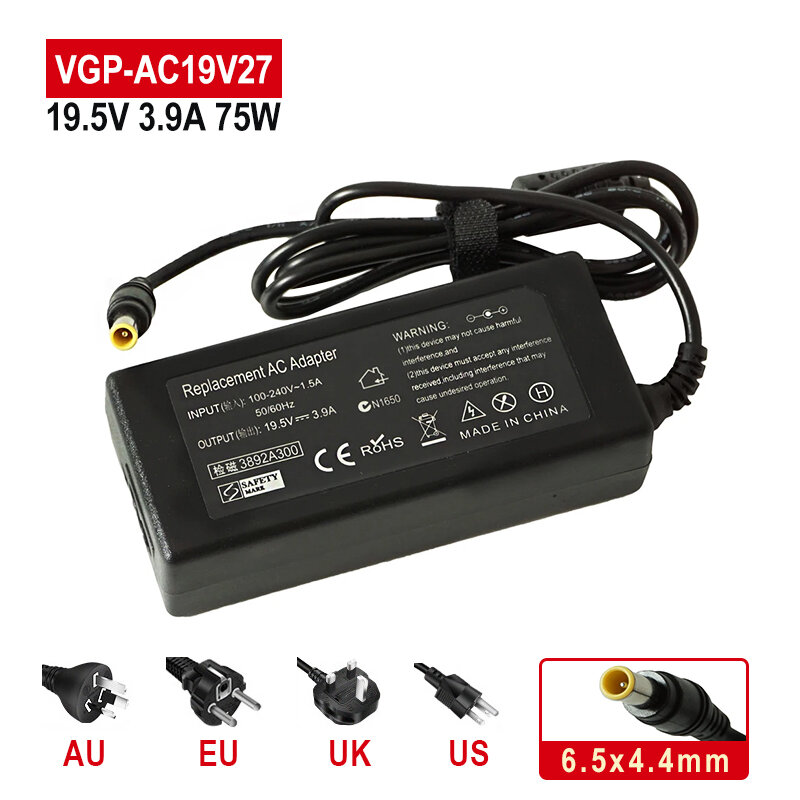 Chargeur adaptateur secteur 19.5V 3.9A 75W pour SONY VAIO VGP-AC19V27/ V62 / V37/ V33 / V20 / V19