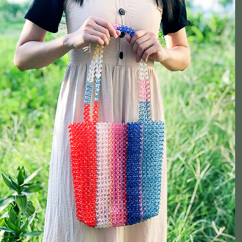 Retro symfonia kryształowe torby z bawełny dla kobiet wykonane ręcznie wyszywane koralikami panie jasne torebki torebki galaretki kolorowe akrylowe Rainbow Bag