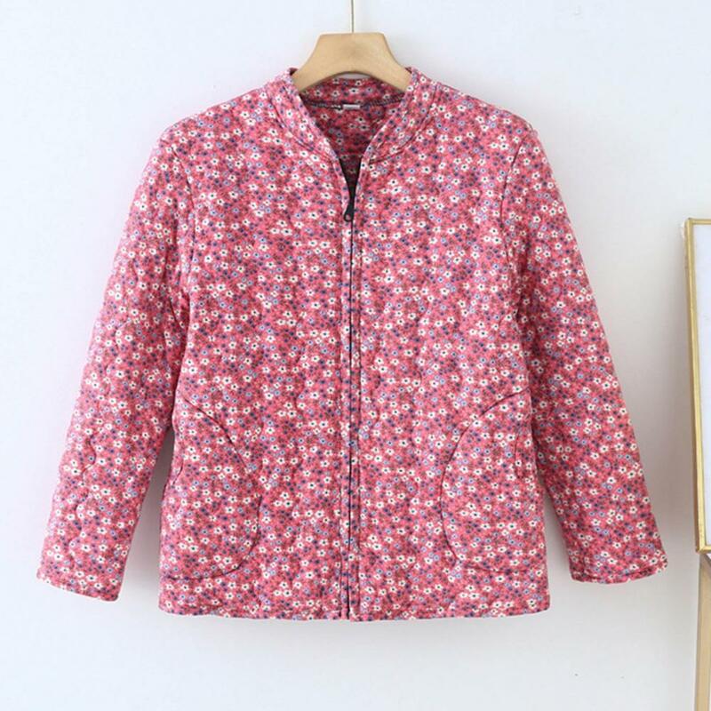 Women Coat Ethnic Style Flower Printed Middle-aged Woman's Coat With Turn-down Collar Zipper Cardigan For Autumn Winter Outwear