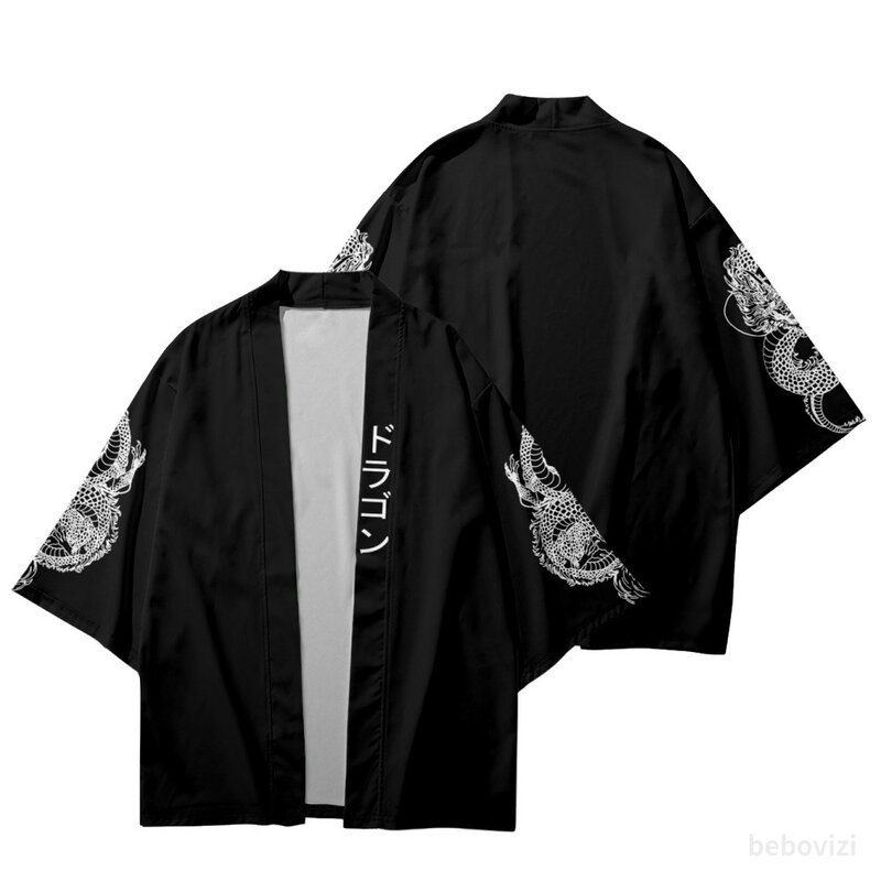 日本の伝統的な長袖ストリートウェア,着物,黒のコスプレカーディガン