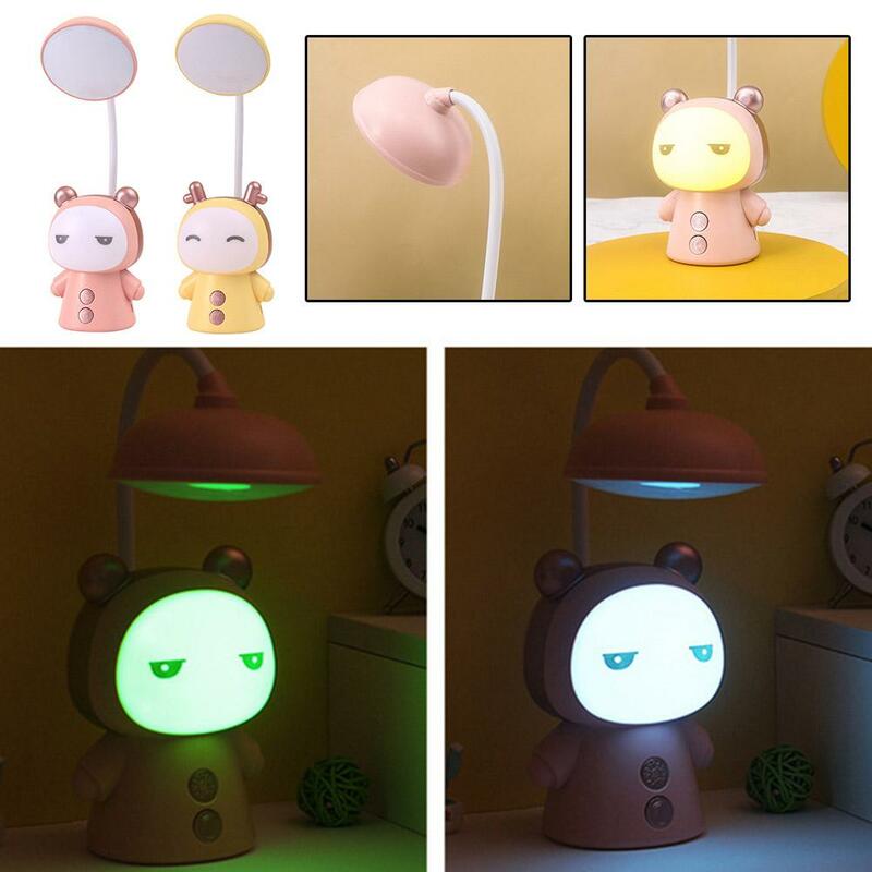 Lampu belajar meja Anak praktis Led 2 warna kreatif isi ulang USB boneka kartun lucu lampu belajar pelindung P1O0