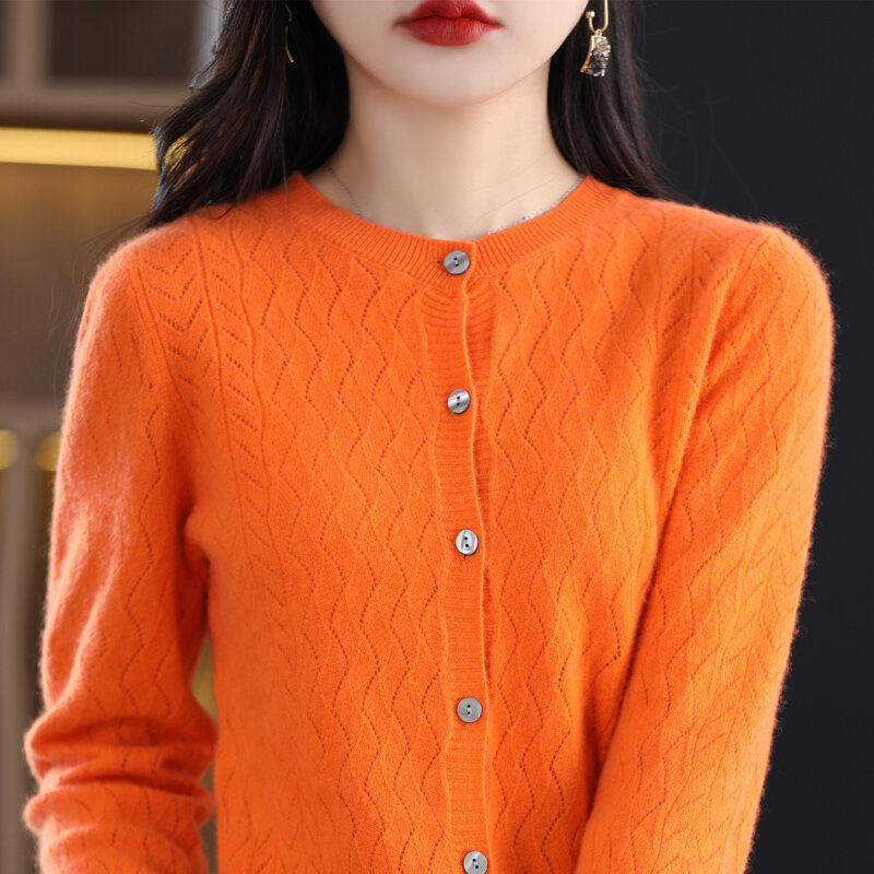 Cárdigan de lana pura para mujer, suéter versátil con cuello redondo, estilo coreano, fragancia pequeña, a la moda, 2023