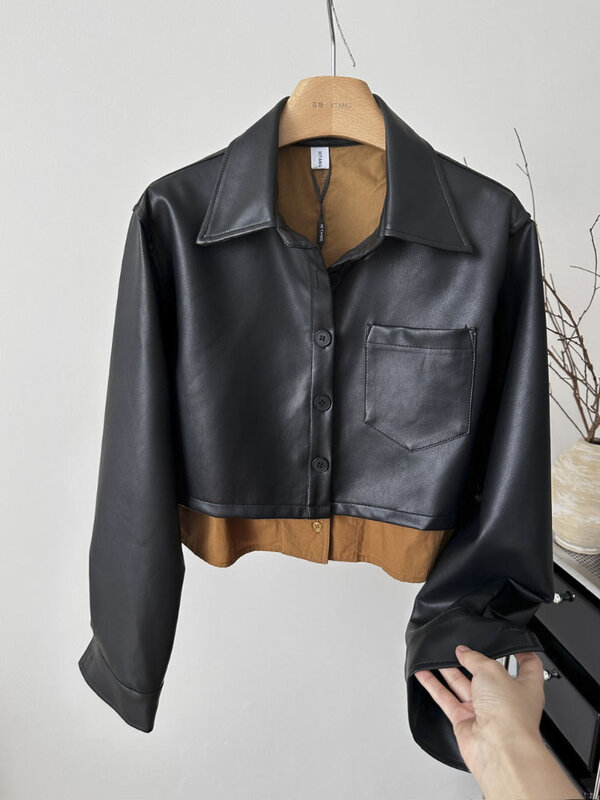 Patchwork Chic Short Leather Coat Ladies Basic Lapels American High Street Retro Fashion Tops Women Fashion
