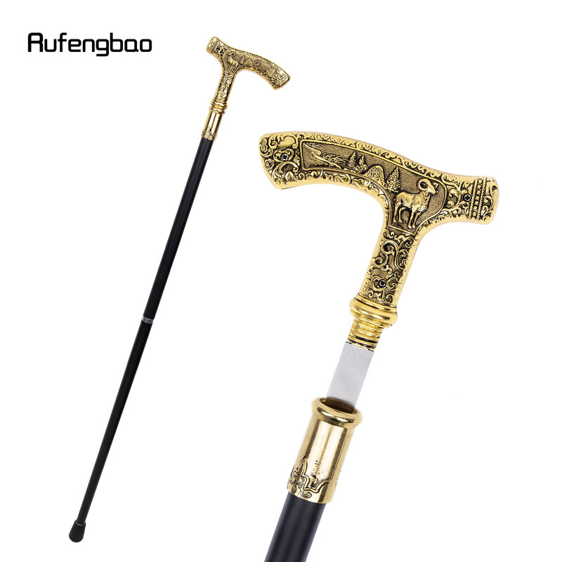 Gold Luxury Goat Handle Walking Stick with Hidden Plate Self Defense Fashion Cane Plate Cosplay Crosier Stick 90cm