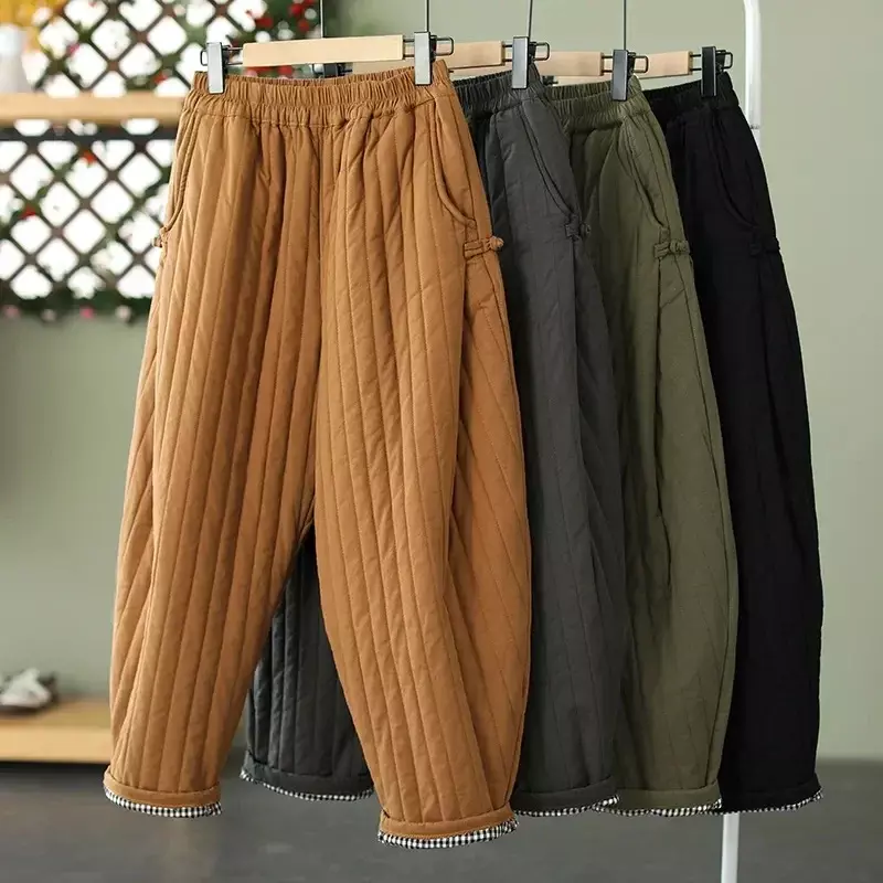 Pantalones holgados de cintura alta para mujer, calzas cálidas hasta el tobillo, de algodón, Vintage, 4xl talla grande, moda coreana, novedad de invierno, 2024
