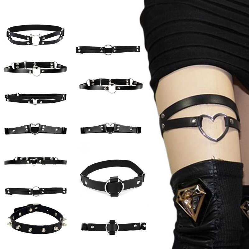 Gothic Leg Belt with Alloy Decor PU Leather Thigh Chain Elastic Chain for Women