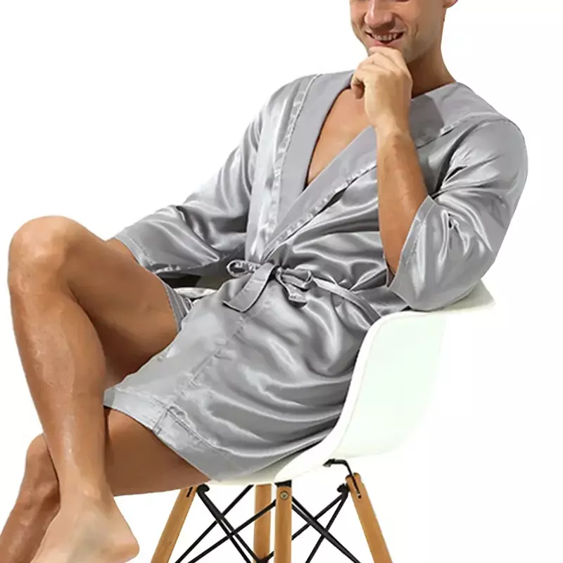 Bata de baño de satén para hombre, ropa de dormir de seda, pijamas de Color sólido, Pijama informal con capucha