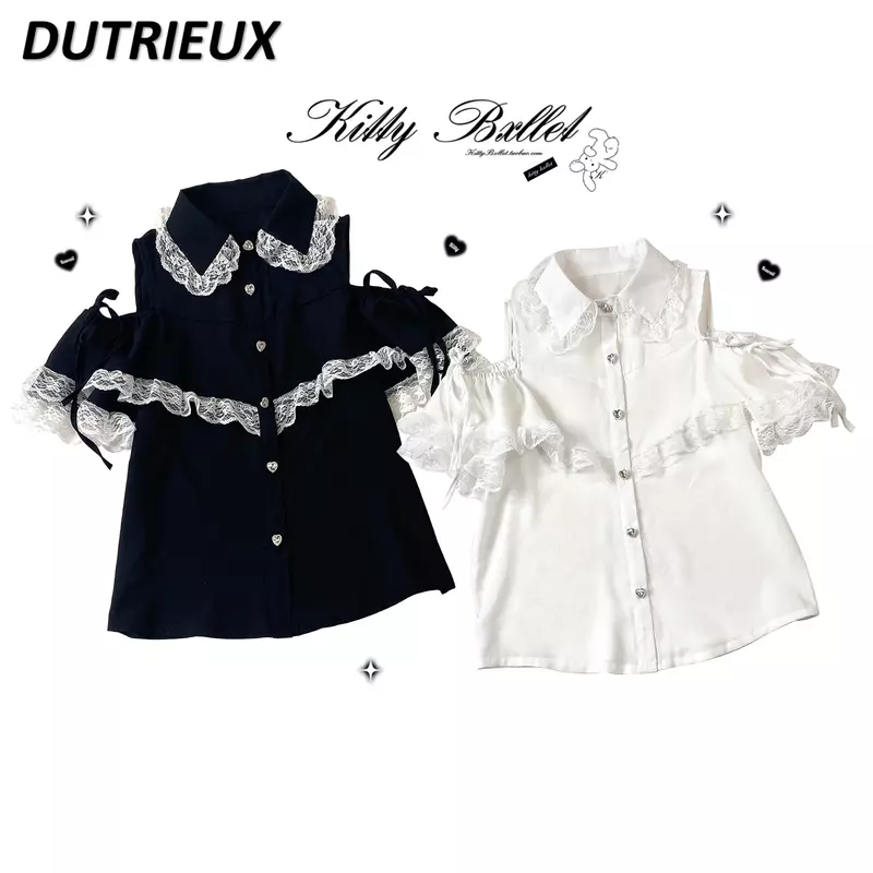 Lolita Japanese Style Lace Off-Shoulder Shirt Spring Summer Women's Tops Fashion Sweet Cute Short Sleve Blouse for Lady