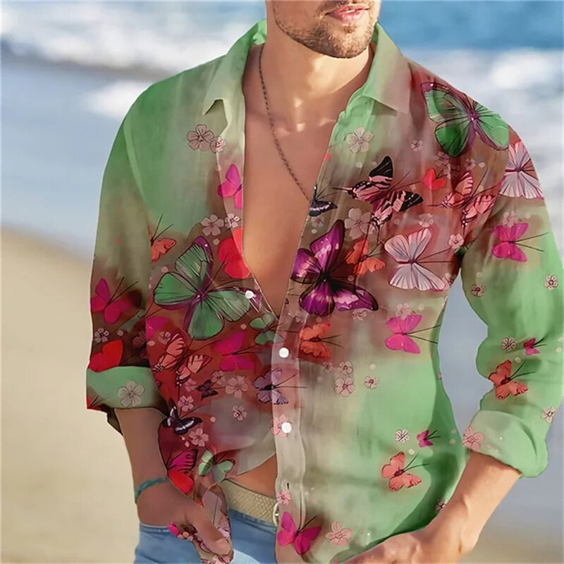 Рубашка Y2k мужская с длинным рукавом, блузка в стиле Харадзюку, с 3D-принтом красочных животных, бабочек, модная одежда, лето-осень