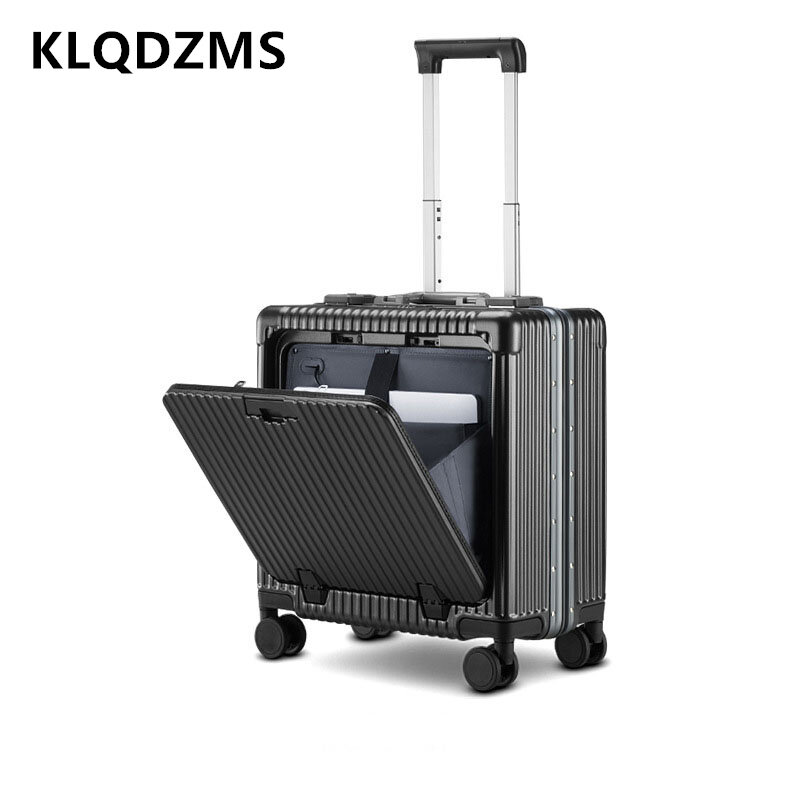 KLQDZMS 고품질 여행 가방, 범용 소형 탑승 상자, 전면 개방 알루미늄 프레임 트롤리 케이스, 롤링 수하물, 18 인치
