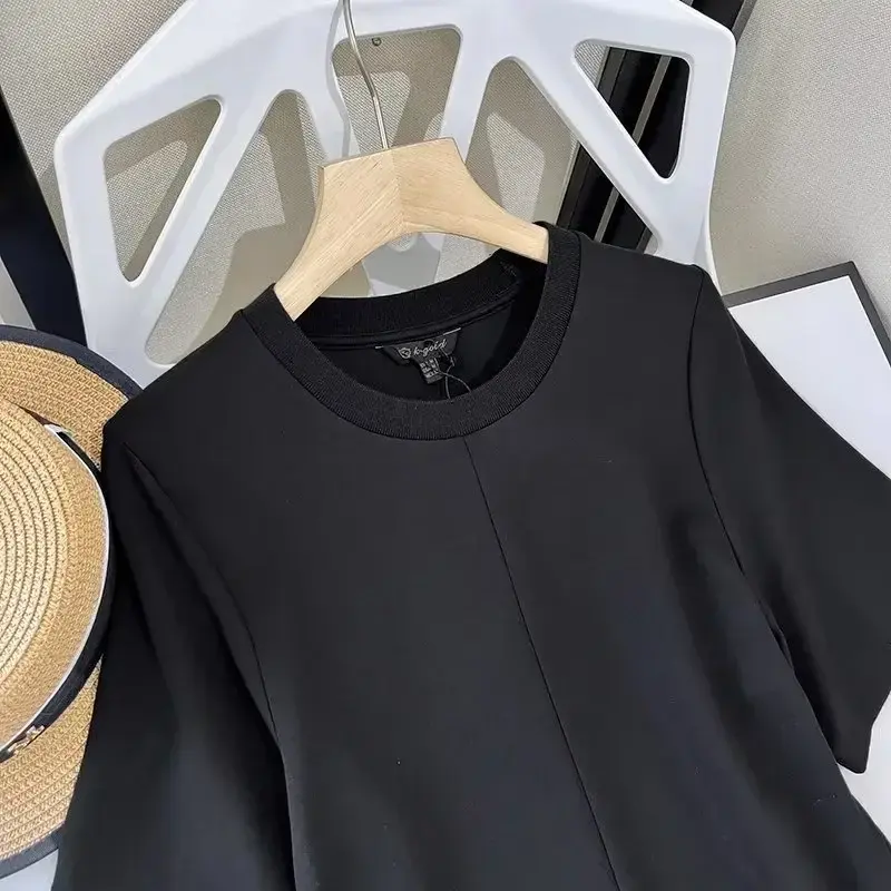 Женское модное шикарное повседневное облегающее черное платье джокер в стиле ретро с коротким рукавом и круглым вырезом, женское платье, 2023