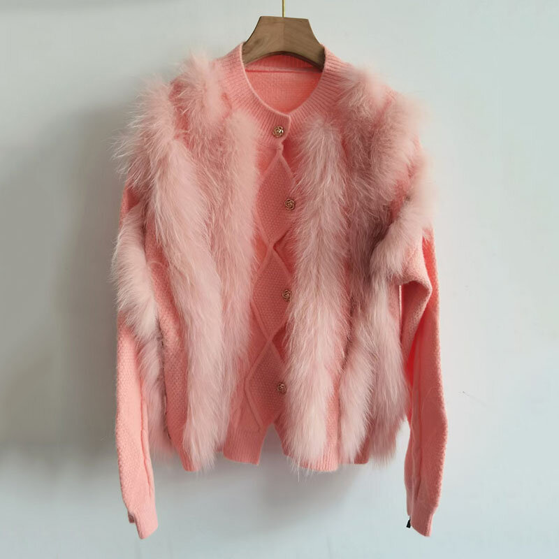 Long Sleeve Women Knitted Sweater Cardigan Coat With Real Fox Fur Stripe Causal Loose Luxury Jacket Outwear Female Natural Fur