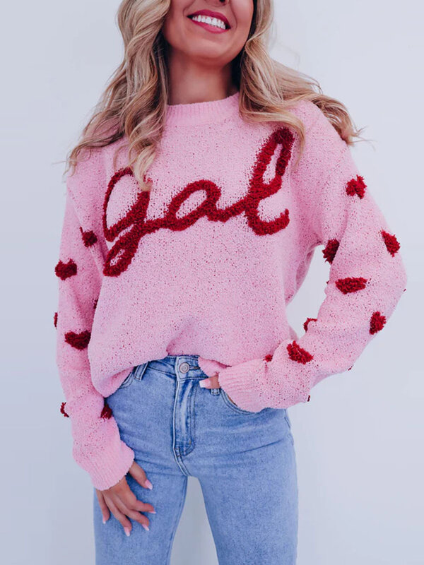 Damski puszysty sweter z dzianiny nadruk w kształcie serca sweter na walentynki casualowe w stylu Streetwear