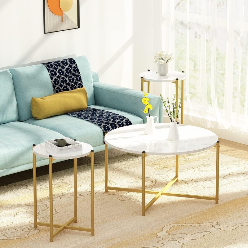 Coffee Table Set of 3, Modern Round Coffee Table & 2pcs End Table Faux Marble Tabletop with Gold Cross Base Frame, Modern