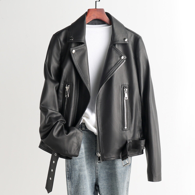 Genuíno casaco de couro de pele de carneiro feminino motocicleta terno colar jaqueta s15