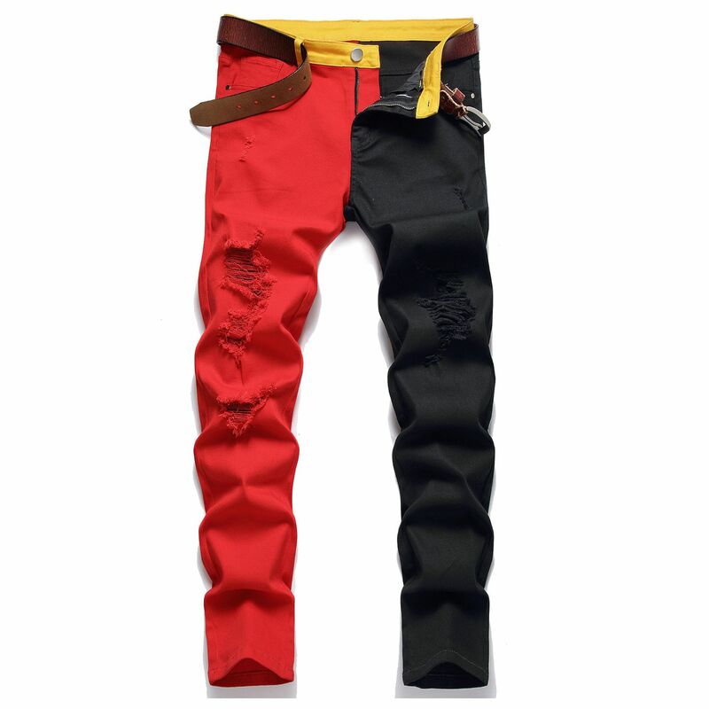 Męskie Y2K rozciągliwe, obcisłe, obcisłe, czarne czerwona patchworkowa jeansy Slim Fit spodnie dżinsowe wysokiej jakości Hip Hop Jean Pantalones Hombre