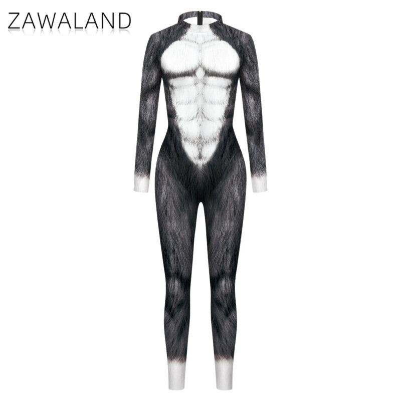 Zawaland Wolf 3D Print Cosplay Animal Jumpsuit Adult Catsuit Long Sleeve Halloween Costume Carnival Zentai Bodysuit Men Clothing