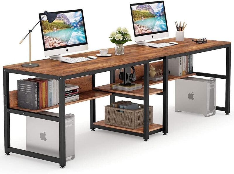 Tribesigns Two Person Desk with Bookshelf, 78.7 Computer Office Double Desk for Two Person, Rustic Writing Desk Workstation with