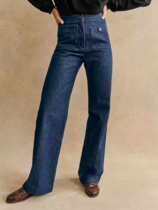 Pantalones vaqueros rectos de pierna ancha para mujer, pantalón de Color sólido con cremallera y bolsillos de cintura alta, novedad de 2024