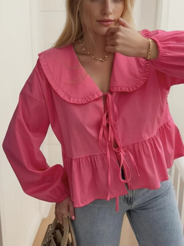 Nuova moda coreana Ruffles camicia retrò camicetta 2024 primavera donna Casual bambola colletto Lace-up camicia a maniche lunghe camicetta femminile top