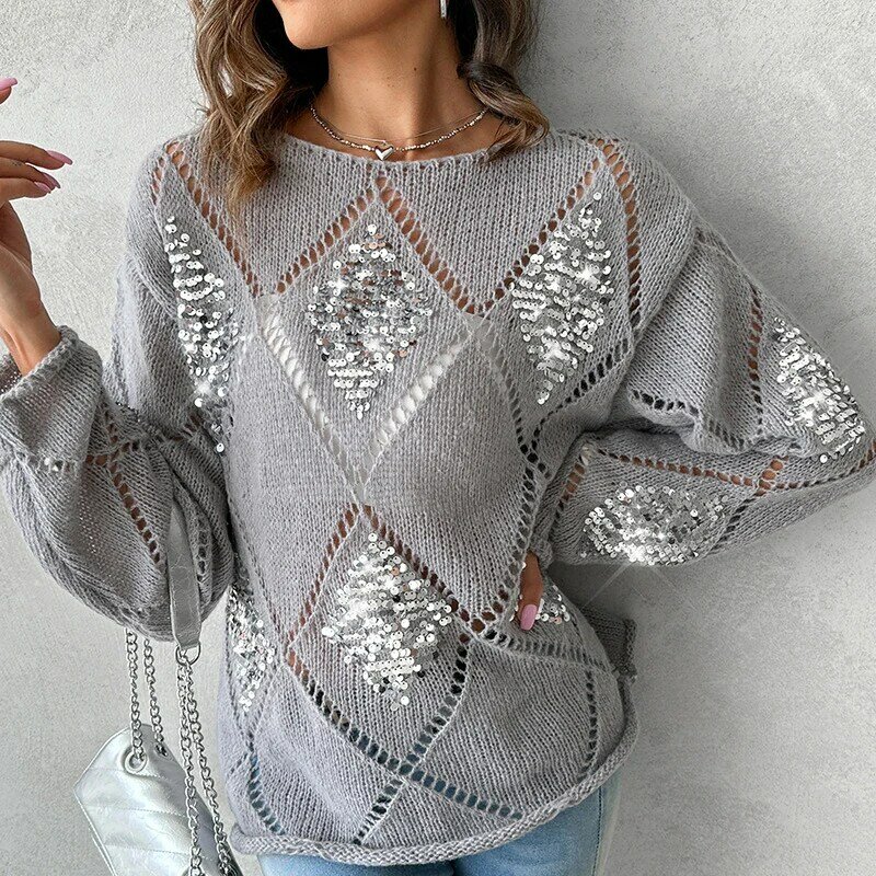 Women Fashion Sequins Loose V-Neck Knitted Pullover Spring Autumn   Casual Long Sleeve Sequins Shirts New Elegant Hollow Sweater