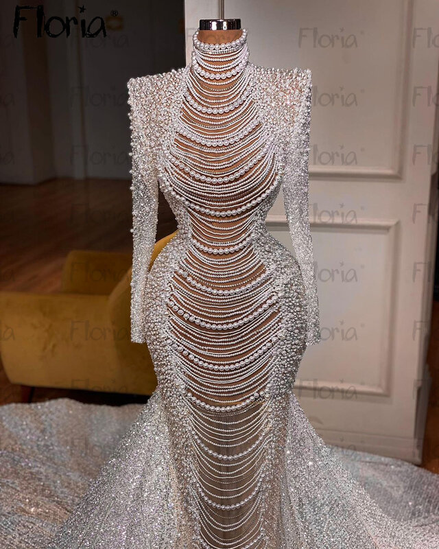 Abito da sposa con perle avorio bianco abiti da sposa in pizzo con perline senza schienale Dubai Fashion Robe de Mariée 2024 abito da sposa per donna