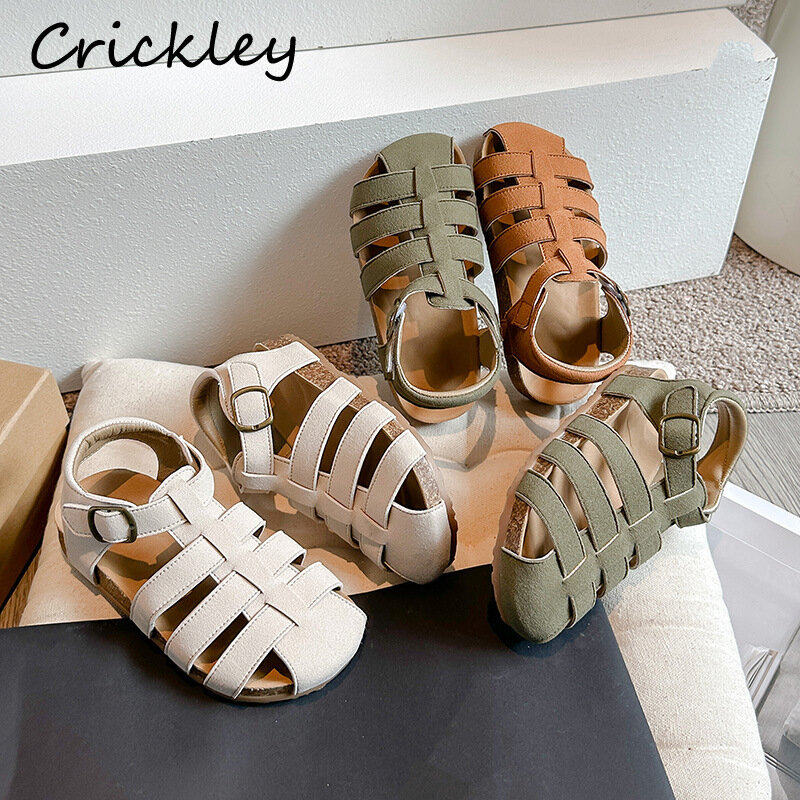 Sepatu Gladiator anak laki-laki perempuan, sandal PU Solid baru musim panas sol lembut, sandal gabus anak-anak, sepatu desainer anti selip
