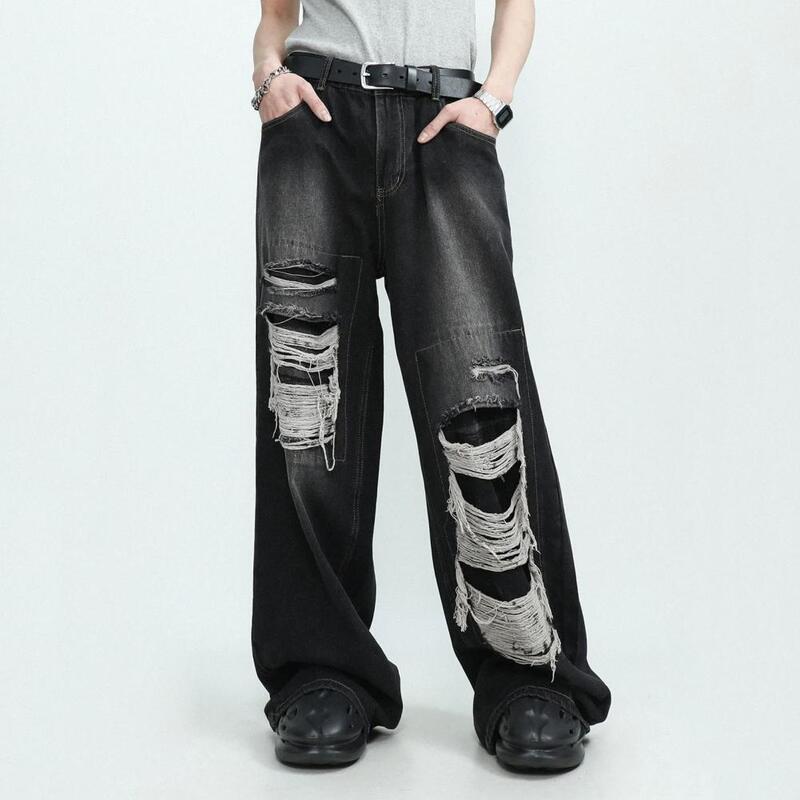 Jeans de perna larga gótico vintage feminino de cintura alta com buracos rasgados, estilo hip-hop com cor sólida para um