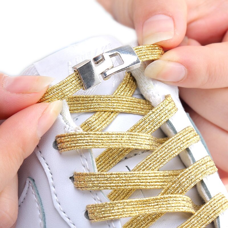 Crossล็อคโลหะยืดหยุ่นShoelacesแบนแฟชั่นที่มีสีสันNo Tie Shoelaceเด็กผู้ใหญ่บนเท้ารองเท้าผ้าใบLazy Laces 1คู่