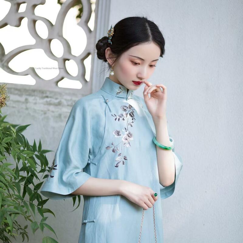 Orientalische Blumen stickerei Qipao elegantes chinesisches Vintage Qipao Kleid traditionelles Cheong sam Kleid elegantes Party kleid Qipao