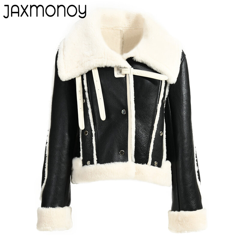 Jaxmonoy mulheres shearling casaco de couro genuíno senhoras dupla face pele ovelha toscany outerwear 2022 novo casaco quente