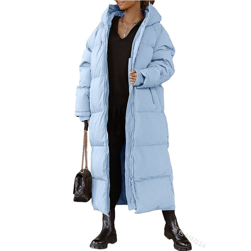 Однотонное длинное хлопковое пальто с капюшоном, модное повседневное женское пальто на молнии с длинным рукавом