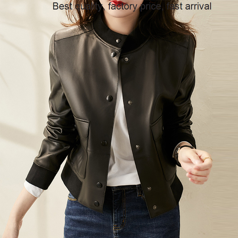 Manteau en cuir de mouton pour femmes, marque de luxe de haute qualité, nouveau tempérament Haining, col rond, fil modifié, droit, 2023