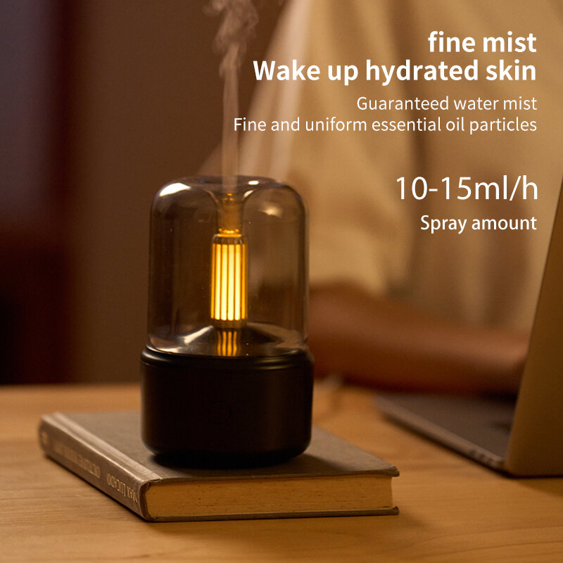 موزع زيت عطري محمول USB ، ضباب بارد ، ضوء شمعة ، مرطب هواء صغير ، H2o