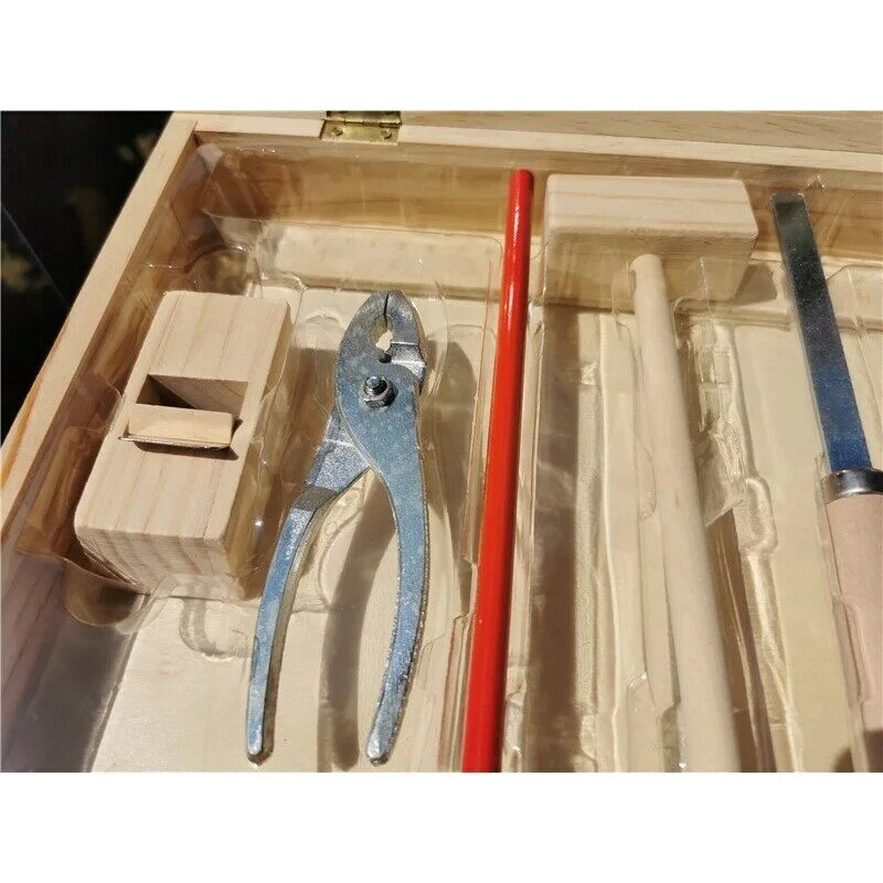 Dzieci prawdziwe życie drewniane pudełko stolarskie narzędzia chłopięca zabawka do udawania drewna zestaw narzędzi młotek śrubokręt instrukcja umiejętności uczenia się