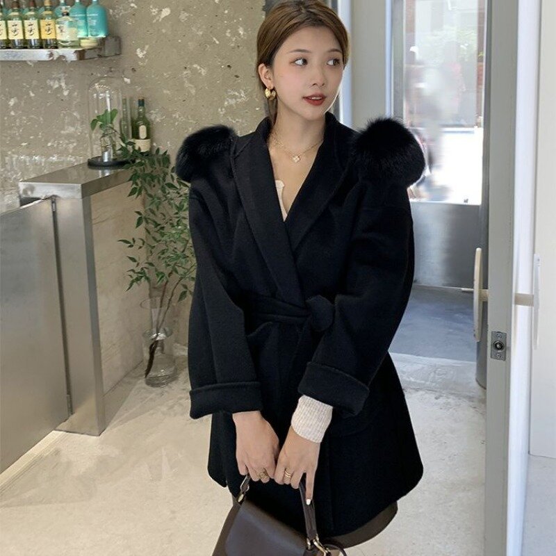 Luxury Loose Warm Winter Fox Fur Collar Hooded Wool Cashmere Coat Women Mid-length Woolen Jacket Outerwear Streetwear 2023