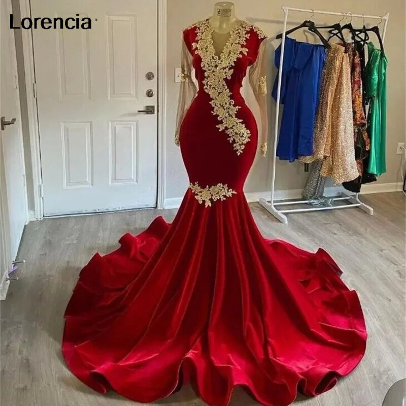Gaun Prom putri duyung beludru merah lorensia untuk Gadis hitam renda emas Applique gaun pesta lengan panjang manik-manik gaun pesta Robe De Soiree YPD79
