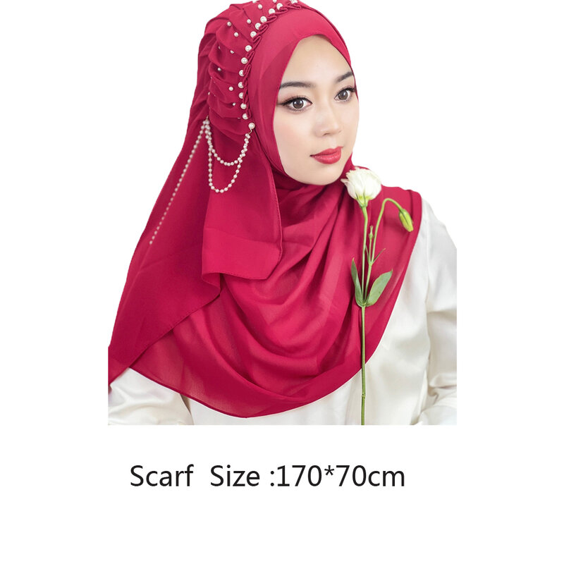 Chales de hombro musulmanes para mujer, Hijab envolvente, bufanda larga con borlas y cuentas, chales de gasa, ropa islámica, pañuelo sólido para la cabeza