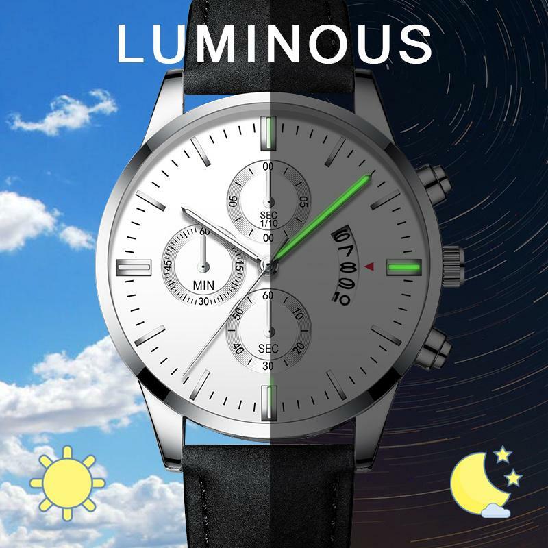 Men Stainless Steel Case Leather Strap Watch Quartz Business Wristwatch Male Luxury Military Watches Calendar Male Clock Watch