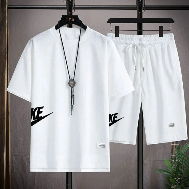 Summer Suit For Men Waffle Fabric Fashion Casual Clothing T-Shirt + Shorts Two Piece Set Male Sports Suit Short Sleeve Tracksuit
