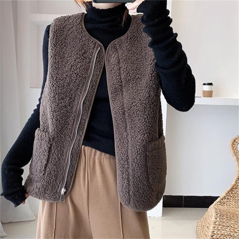 Chaleco lana borroso invierno para mujer, chaleco sin mangas, abrigo con cremallera, chaqueta cárdigan Color sólido