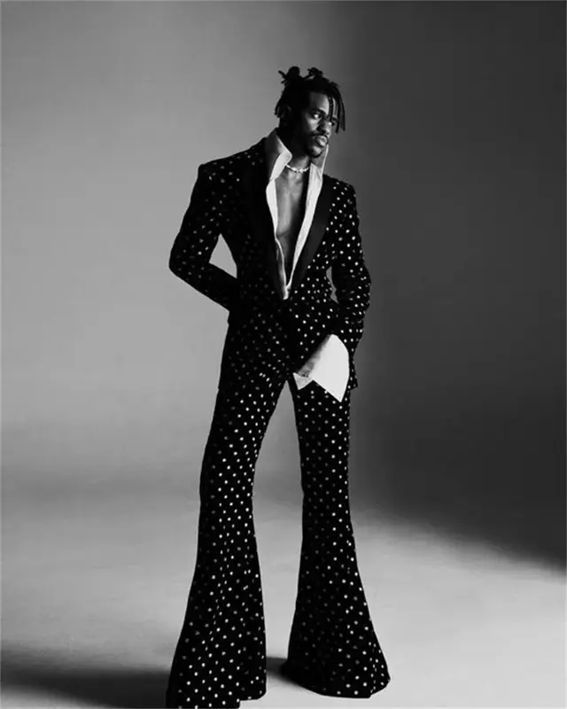 Black Dot Men Suits Set Custom Made Jacket 2 Piece Blazer+Pants Luxury Catwalk Groom Wedding Tuxedo V Neck Coat Trousers