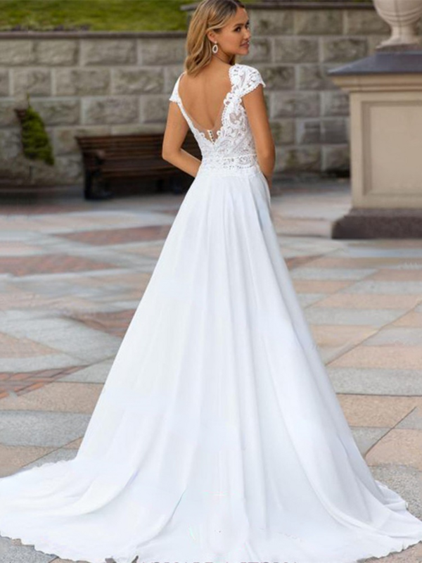 Женское шифоновое свадебное платье с открытой спиной, V-образным вырезом и рукавом-крылышком